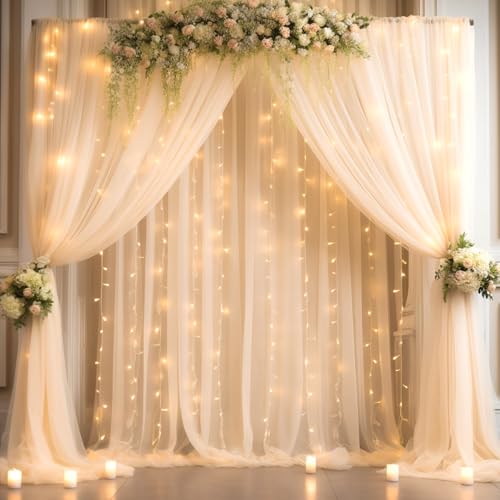20x10ft Champagne Tulle Backdrop Curtain with Lights String for Parites, Sheer Backdrop Curtains for Wedding Baby Shower Birthday Party Photo Shoot Decorations