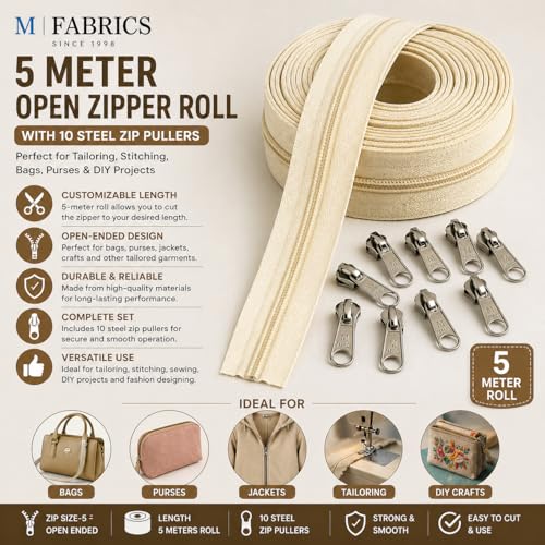 Image of M Fabrics 5 Meters Open Zipper with 10 Steel Zip Puller in Meter for Tailoring, Stitching, Bags and Purse (Open Ended Zip) - (5 Meter Roll + 10 Steel Zips Runner) - (Cream)