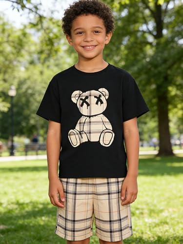 Image of KIDLAGA Kids Toddler Boy Clothes Outfits Bear Print Tee + Plaid Shorts 2 Pieces Summer Shorts Set