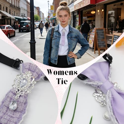 Image of Rhinestone Ties for Women, Skinny Neck Tie for Women Business Prom | Polyester Womens Tie, Tweed Splice Design, Rhinestone Ornament, Adjustable Strap, Elegant Retro Look, for Banquet Party Date