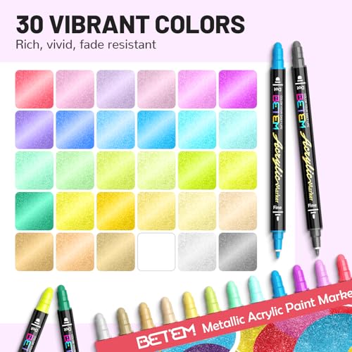 Image of Betem 30 Metallic Dual Tip Acrylic Paint Markers, Fabric Decorating Kits Premium Water-Based Acrylic Paint Pens Art Supplies for Fabric, Rock, Wood, Glass, Canvas, Ceramic, Teacher Appreciation Gift