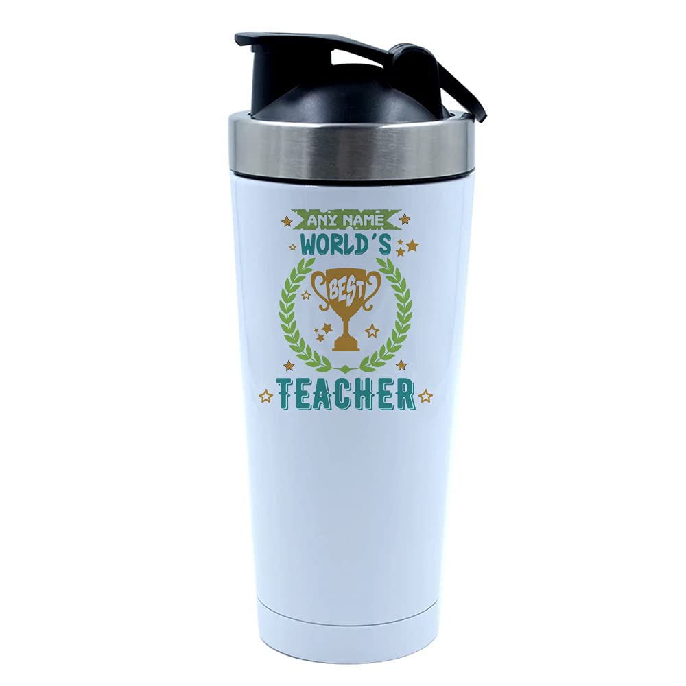 Getagift White Personalised Any Name World’s Best Teacher, Thanks Giving, Appreciation, School Leaving, Retirement, Birthday Present, 500Ml Aluminium Shaker Bottle. (White)