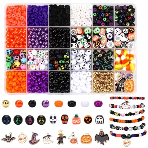UPINS 2100PCS+ Halloween Beads Bracelet Making Kit Halloween Clay Beads Spacer Beads for Jewelry Making Polymer Clay Pony Letter Beads Charms for DIY Jewelry Projects