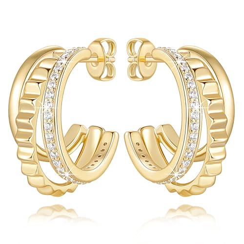 14K Gold Hoop Earrings for Women Gold Earrings for Women Studs with Cubic Zirconia Sleek Polished Surface and Serrated Texture Cute Stud Earring for Womens Trending Hoop Earring