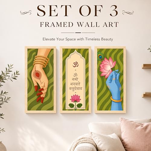 Image of Radha Krishna Framed Wall Art Painting for Living Room, Set of 3 Om Namo Bhagavate Vasudevaya Mantra Poster, vishnu & laxmi Painting for Living Room, Home Decor (Size-24x48 cm)