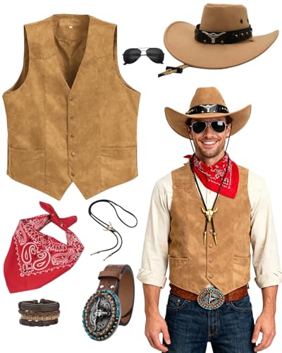 minkasic Cowboy Costume Outfit for Men Western Cowboy Clothes Vest Hat Belt Bandana Accessories for Cowboy Party Cosplay Daily Brown XL
