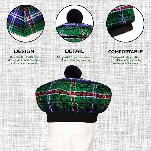 Image of Scottish Tam O' Shanter Hat Tartan Bonnet Pom Pom Wool Flat Cap One Size