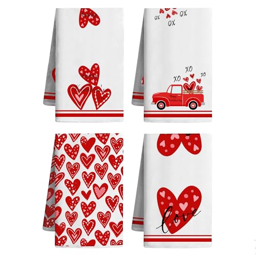 Vetoxka 4 Pcs Decorative Kitchen Towels Set Valentines Day Dish Hand Towels Red Love Heart Tea Cloths Dishtowels for Holiday Wedding Party Home Bathroom Bedroom Kitchen Decor Gifts