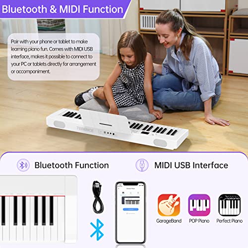 Terence Keyboard Piano With 61 Semi-Weighted Keys Lcd Display & 1800Mah Battery Support Midi Usb Interface & Piano Application With Bluetooth Sheet Music Stand Sticker Bag Audio Cable Earphones, White #TOP4