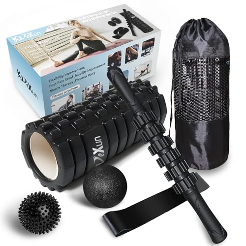 KVDeXun 6 in1 Foam Roller Set, Trigger Point FoamRoller, Yoga Stick, Massage Ball, Fixation BallFitness,Stretching Strap, Carrying Bag, Deep Tissue Muscle Massage Trigger Point Muscles Therapy