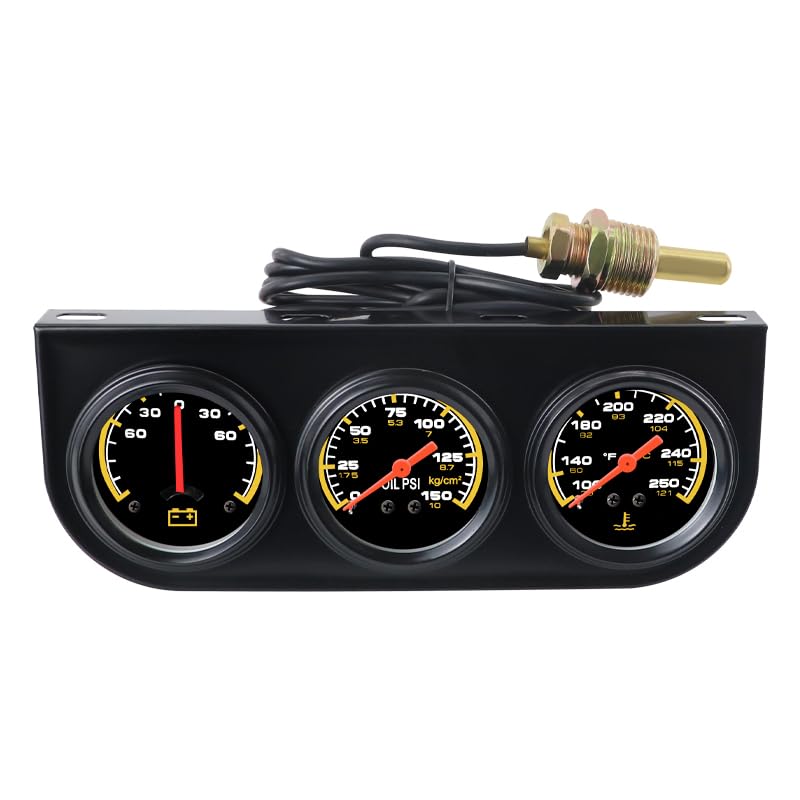 2" 52mm 3-in-1 Triple Gauge Set, 0-150 PSI Oil Pressure Gauge, 100-250°F Water Temp Gauge, -60-60 AMP Ammeter Gauge, Auto Triple Gauge Kit for Car, Truck & Pickup