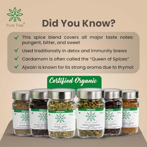 Image of Pure Tree Certified Organic Cloves,Cardamom 100g,Ajwain 150g,Methi 250g,Saunf 125g,Blackpepper 175g | Glass Jar | Ajwain, Fenugreek, Fennel, Cloves, Cardamom, Black Pepper Combo Pack