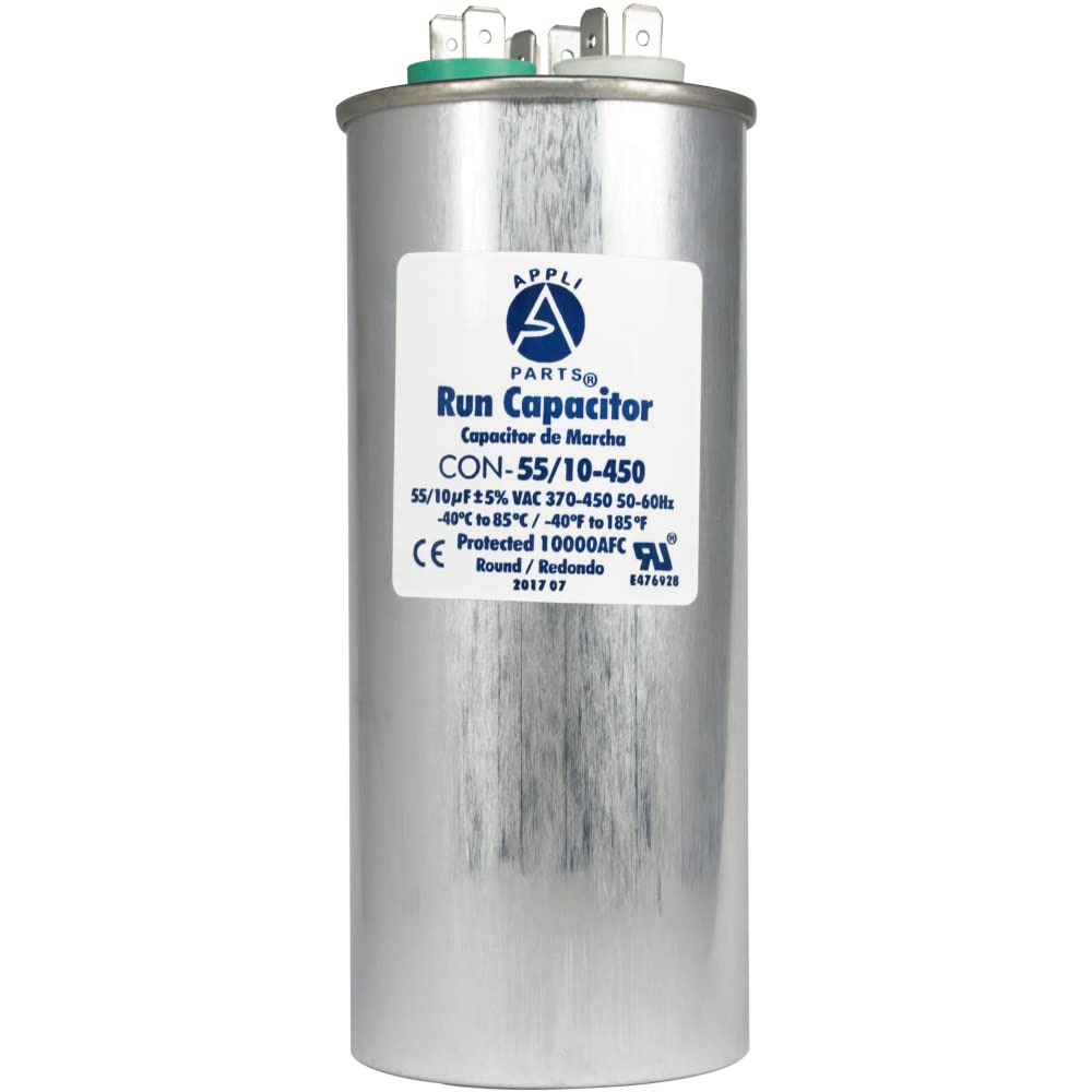 Appli Parts Dual Run Capacitor for ac 55+10 Mfd uF (microfarads) 370VAC or 450VAC CBB65 Round Universal fit for HVAC and Other Applications 5-5/8 in High 2-1/8 in Wide CON-55/10-450