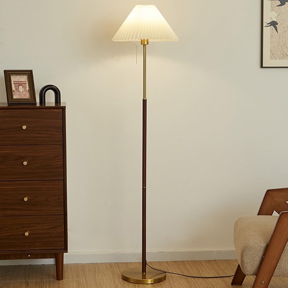 Lampa podłogowa z tkaniny w stylu połowy wieku, 150 cm, z żelaznego słojów drewna, ze złotą podstawą, zmienna intensywność E26, idealna do salonu, sypialni, biura lub willi.