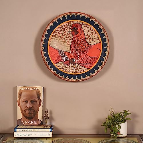 Image of AAKRITI ART CREATIONS Harmonic Plumage Terracotta Wall Decor Plate, Pichhwai Art Wall Hanging Plate Set of 1 Orange Color | Glossy Finish Terracotta | Home Items for Living Room, Bedroom, Office