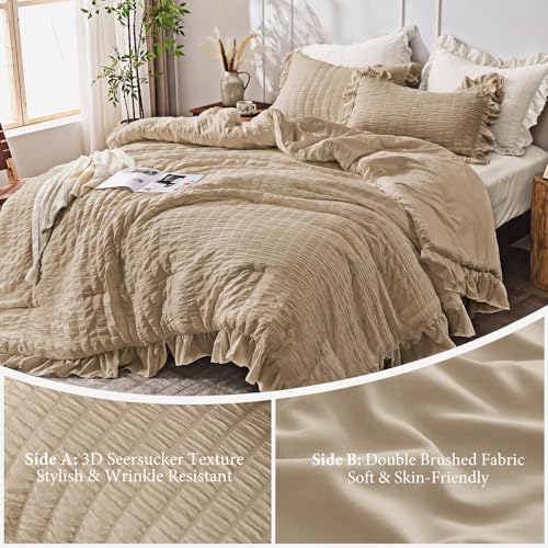 Image of JOLLYVOGUE Khaki Twin /Twin XL Comforter Set, 2 Pieces Seersucker Lightweight Fluffy Bedding Set, Twin Ruffle Comforter, All Season Soft Microfiber Shabby Chic Bed Set