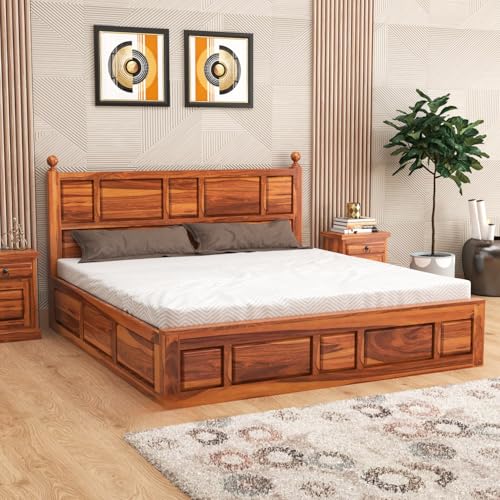 Image of Sheesham Wood Queen Size Bed with Storage Box | Wooden Box Bed Queen Size Double Cot Bed with Storage for Bedroom | Premium Lattu Design Headboard Bed for Living Room | Honey Finish
