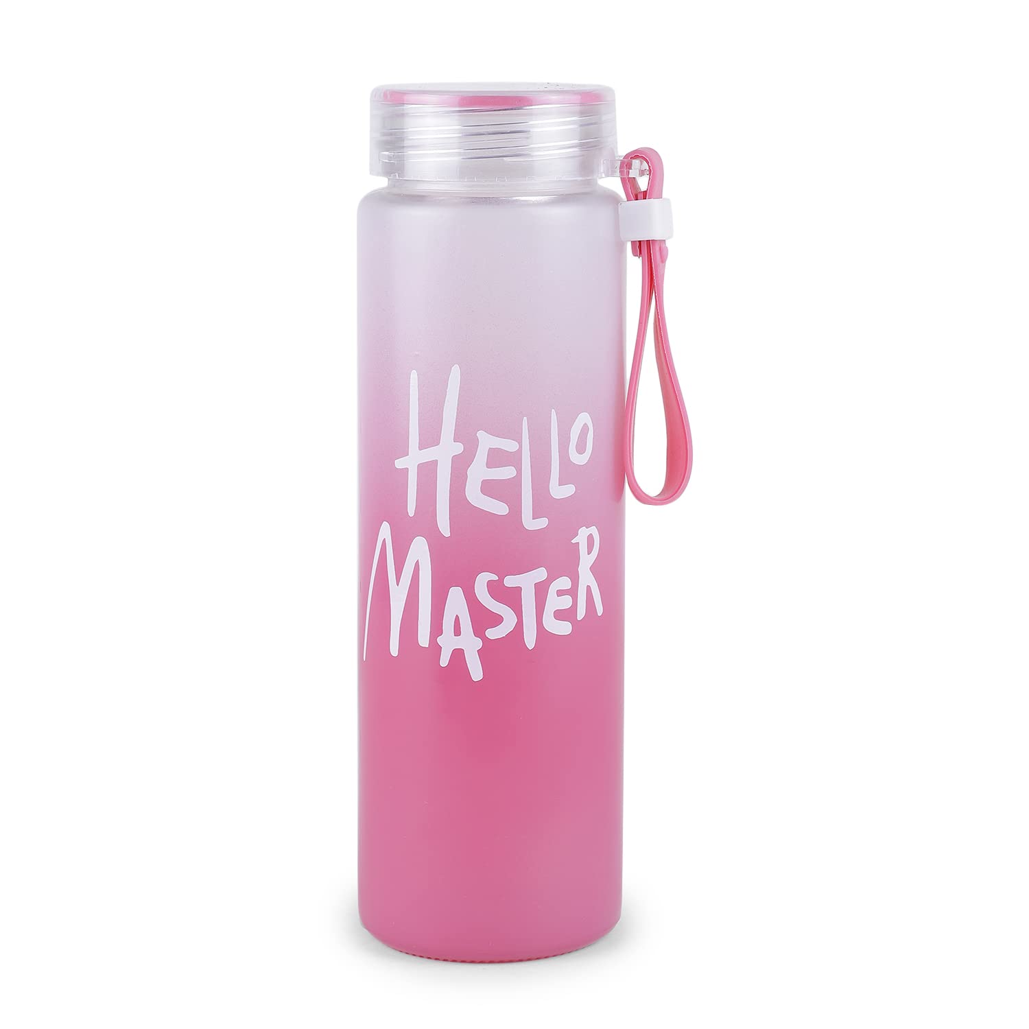 Gift And Wishes Hello master 500 ml Printed Pink Color Glass Water Bottle With Leak-Proof Airtight Stainless-Steel Lid for Water, Smoothie, Juices - Reusable Drinking Fridge Glass Water Bottles Used For Travel/ Offices/ Colleges/ Schools/ Home