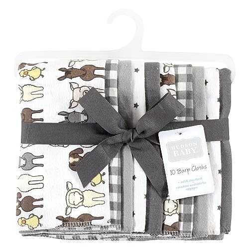 Image of Hudson Baby Unisex Baby Cotton Poly Flannel Burp Cloths, Farm Friends Grey 10-Pack, One Size