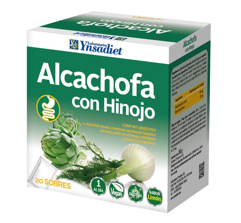 Alcachofa con Hinojo – 20 Sobres | Complemento Alimenticio con Extracto de Alcachofa y Hinojo | Sabor Limón | Digestión y Función Hepática | Sin Gluten | Vegano – Ynsadiet