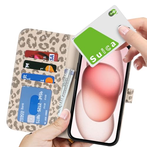 Image of for iPhone 15 Case Wallet with Card Holder,for iPhone 15 Wallet Case for Women Men,PU Leather Shockproof Magnetic Buckle Stand Flip Phone Case-Beige Leopard