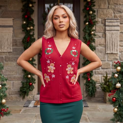 Image of SOLILOQUY Christmas Sweater Vest for Women Button Down Embroidery Knit Vest