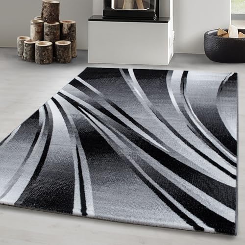 Carpetsale24 Tapis de salon moderne, design abstrait vagues, noir gris blanc, 80 x 150 cm, à poils courts, facile d'entretien, moelleux, lavable