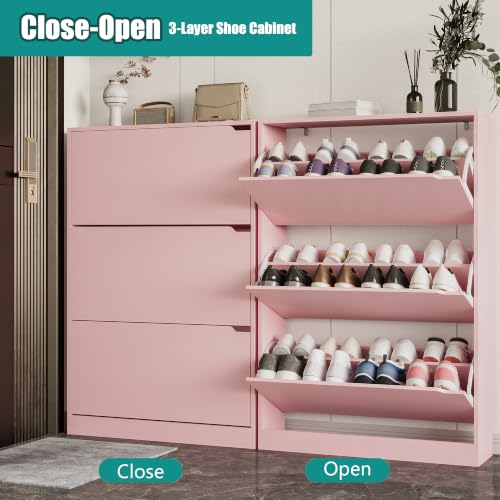 Image of Xixini Shoe Storage Cabinet for Entryway with 3 Flip Drawers, Sturdy Wood Hidden Shoe Storage, Freestanding Narrow Slim Shoe Organizer for Front Door Entrance, Living Room, Hallway, Bedroom, Pink