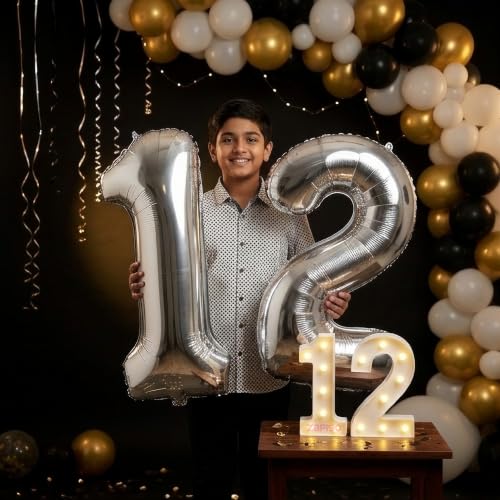 Image of Balloonistics Silver 40-Inch Foil Number 12 Balloon with Matching LED Marquee Light - Combo Set for 12th Birthday, Anniversary, Party Decoration, Photo Booth Backdrop