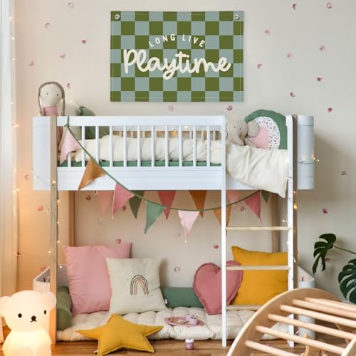 Image of Playroom Decor Long Live Playtime Banner, Green And Blue Checkered Pattern Banner Linen Hanging Banner Flag for Nursery Toddler Room, Boys Girls Kids Room Decor,Classroom Decorations 30x20