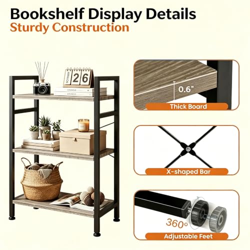 Image of HealSmart 3 Tier Bookshelf, Free Standing Book Shelf Home Office Bookcase Shelf Storage Organizer for Bedroom, Bathroom, Living Room, Office, Balcony, Gray Wood