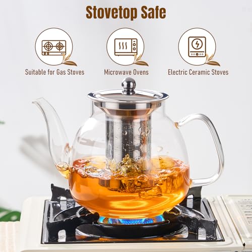 Image of PARACITY Glass Teapot Stovetop 50 OZ /1500ml, Tea pot with Removable 18 /8 Stainless Steel Infuser, Borosilicate Clear Tea Kettle, Teapot Blooming and Loose Leaf Tea Maker Tea Brewer for Camping, Travel