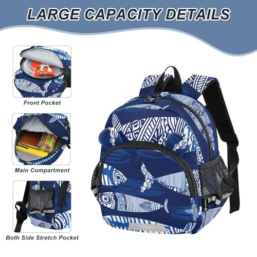 Kid's Backpack for Boys & Girls Toddler Bag Blue Abstract Fish Pattern Backpack with Safety Leash4