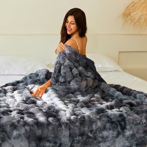 二層ラビットファー風ブランケット、ツーピースセット、暖かい、贅沢な暖かさ、秋冬用ブランケット、厚手、ふわふわ、糸くずなし、帯電防止、肌に優しい、柔らかい、ふわふわ、防寒、洗える、吸湿発熱、お昼寝に最適、プレミアム (ライトグレー、180*200) (グラデ