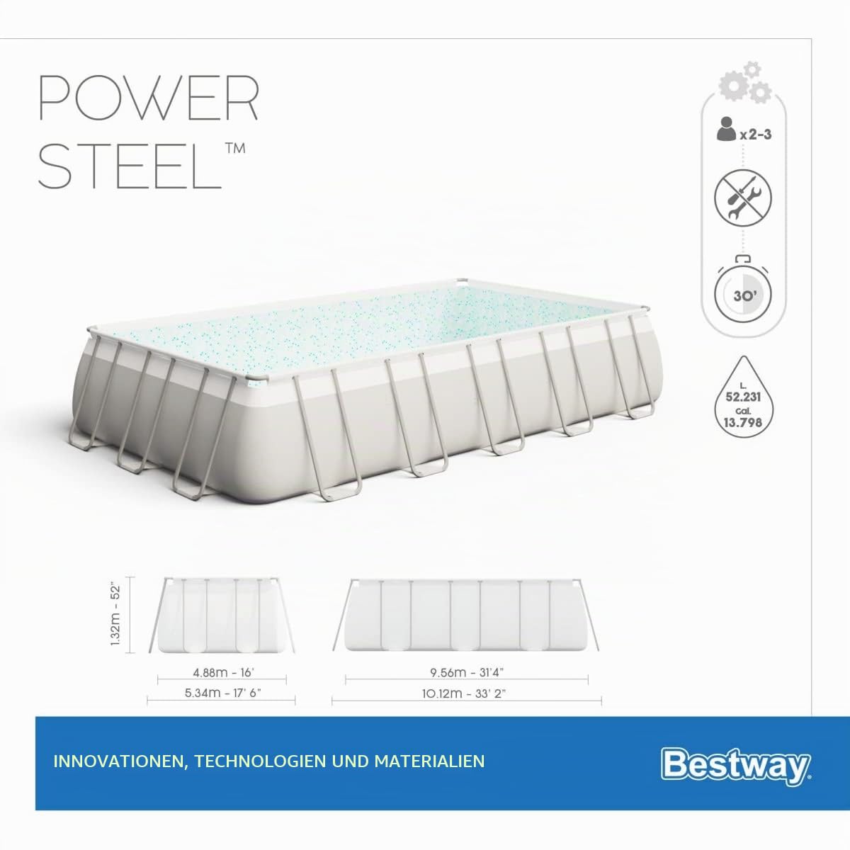 Bestway Power Steel Frame Pool Komplett-Set, eckig, mit Sandfilteranlage, Sicherheitsleiter & Abdeckplane 956 x 488 x 132 cm, 56623, Grau