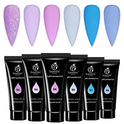 Beetles Poly Extension Gel Nail Kit, 6Pcs Blue Purple Builder Nail Gel Pink Glitter Poly Nail Enhancement French Manicure Kit Trial Nail Art Design Easy DIY Salon Nail At Home Christmas Gift for Women