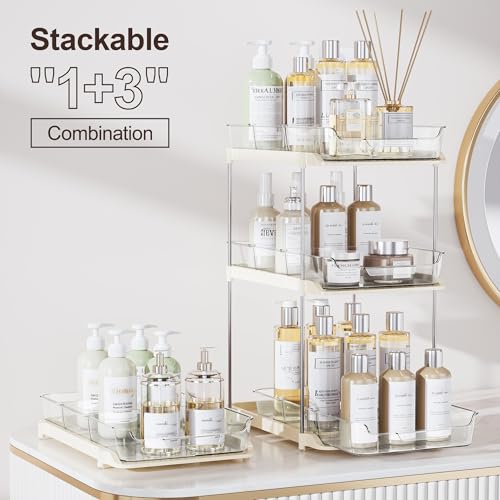 Delamu 2 Sets of 2-Tier Multi-Purpose Bathroom Under Sink Organizers and Storage, Stackable Kitchen Pantry Organization, Pull Out Medicine Cabinet Organizer with 8 Movable Dividers, Beige