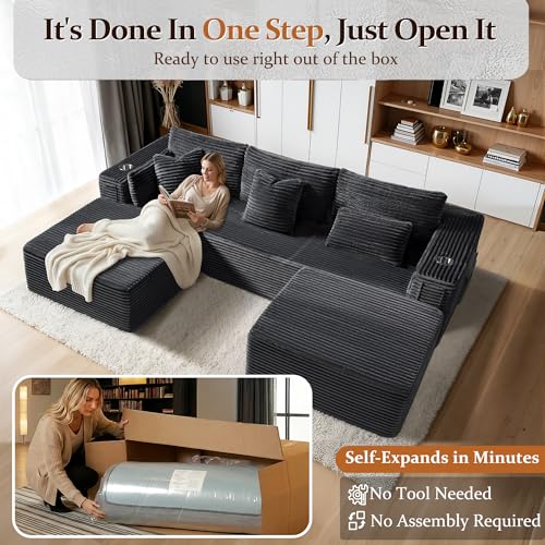 Image of 108 inch Oversized Cloud Sectional Couch, Comfort U Shaped Boneless Couch for Living Room, Extra Deep Seats No Assembly, Modular Sofa, Corduroy (Dark Grey, 2 Seater + Left Facing Chaise + Ottoman)