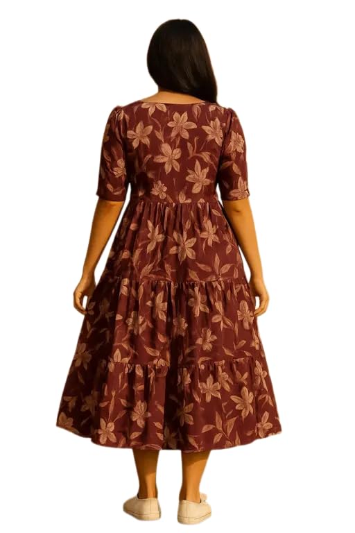 Image of Women's Round Neck Floral Block Printed Elbow Sleeves Front Button Detailing Layered and Tiered Hem Kurti Gown
