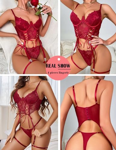 Avidlove Women's Lingerie 4 Piece Garter Lingerie Floral Lace Bra and Panty Sets with Underwire S-XXL3
