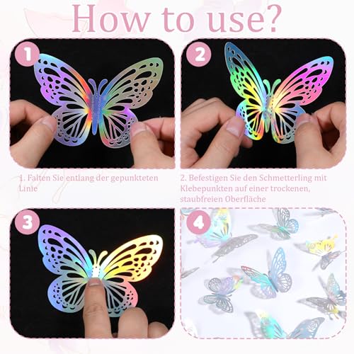 3D Schmetterlinge Wandaufkleber, 48 Stück 3D Schmetterlinge Deko 3 Größen Laser Schmetterlings Wandtattoos für DIY Wandkunst Handwerk Badezimmer Party