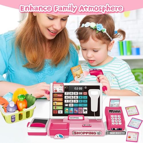 Image of DZLING Kids Cash Register Toy Playset with Real Calculator, Scanner, Credit Card, Play Money, Food, Pretend Supermarket Shopping Toy for Boys & Girls Toy for Ages 3-8