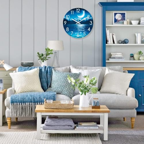 Image of XFM Blue Moon Wall Clock 12 Inch for Living Room Decor | Silent Non-Ticking Battery Powered Round Analog Modern Nature Decorative for Kitchen Bedroom Bathroom