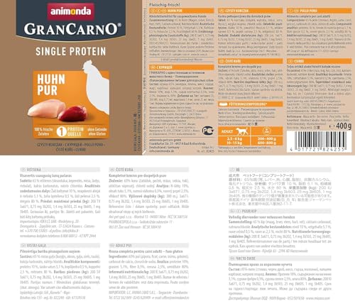 animonda GranCarno Hunde Nassfutter Single Protein Huhn pur (6x400g), getreidefreies Hundenassfutter ohne Zucker, für ausgewachsene Hunde, mit frischem Hühnerfleisch und Innereien