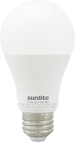Sunlite Bombilla LED A19, 15 vatios (equivalente a 100 vatios), 1600 lúmenes, 120 voltios, regulable, base E26 media, certificación UL, blanco