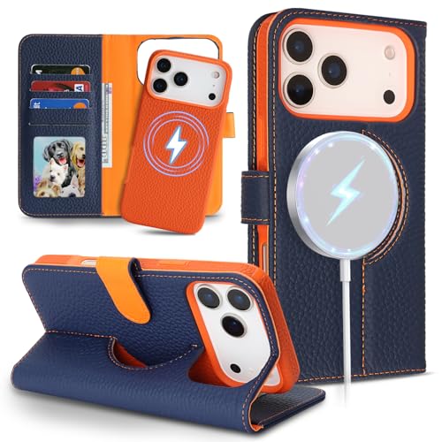 Image of Detachable Genuine Leather Case for iPhone 17 Pro Max Wallet Case Magnetic 2in1 Removable Flip Cover Book Purse Compatible with Magsafe Charging Kickstand Card Holder-Navy Blue+Orange