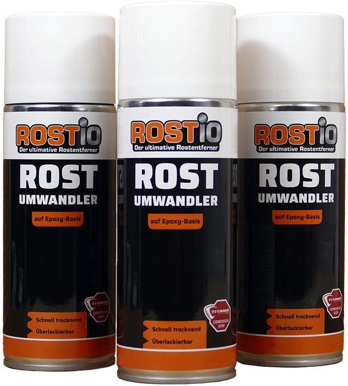 Rostio Convertitore di ruggine Spray 3 x 400 ml – Convertitore di ruggine e anticorrosione – Incolore – Verniciabile dopo circa 120 min – Base in resina epossidica – Resistente a temperature fino a
