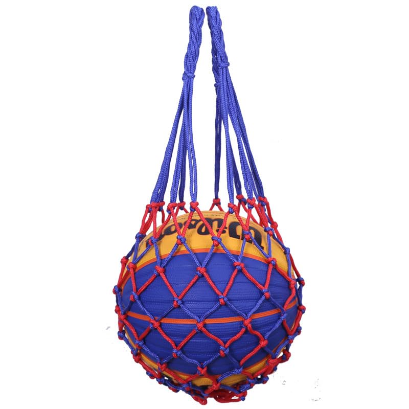 Bolsa de rede de basquete resistente, bolsa esportiva reforçada com alça de ombro para basquete, futebol e vôlei (azul + vermelho)