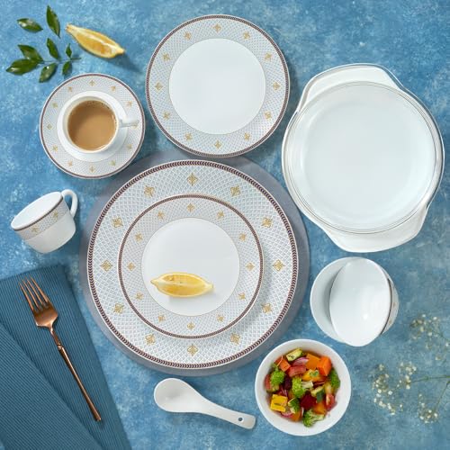 Larah by Borosil Opalware Dinner Set | 62 Pcs for Family of 8 | Microwave & Dishwasher Safe | Bone-Ash Free | Crockery Set for Dining & Gifting | Plates & Bowls (Regalia Grace)