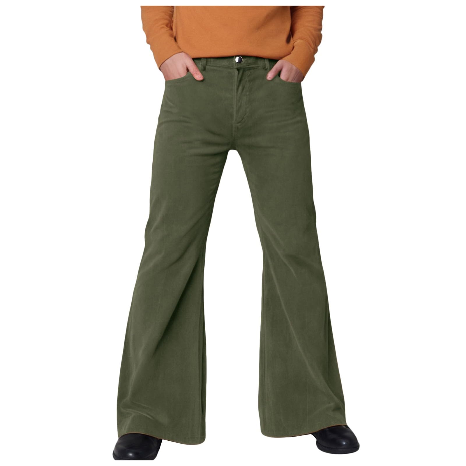 Mens Corduroy Retro Flared Trousers Mens 60s 70s Flared Cord Flares Trousers Bootcut Bell Bottoms 1960s Dress Up Costumes Long 70s Carnival Disco Outfits Carnival Theme Party Hippie (Green, S)